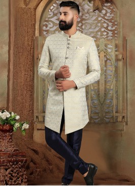 Sky Blue & Navy Blue Fusion Elegance: Men's Indo-Western Ensemble.