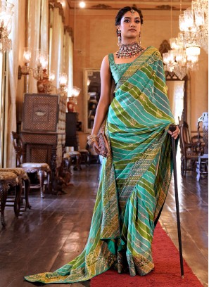 Sea Green Border Georgette Trendy Saree