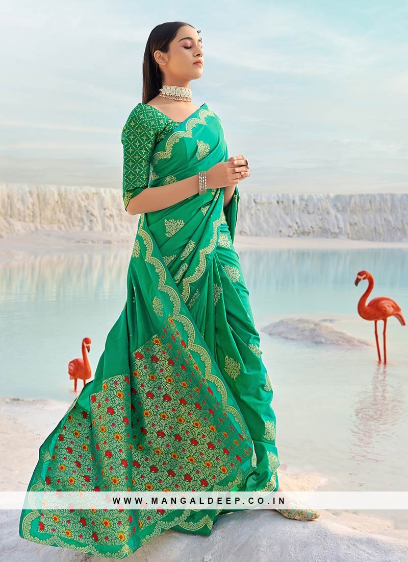Sea Green Color Banarasi Silk Saree