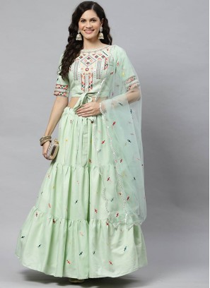 Sea Green Color Cotton Embroidered Party Wear Lehenga
