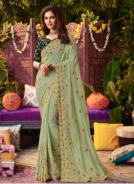 Sea Green Color Crepe Resham Work Saree