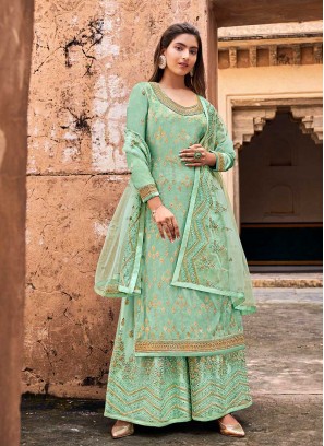 Sea Green Color Embroidered Plazzo Dress