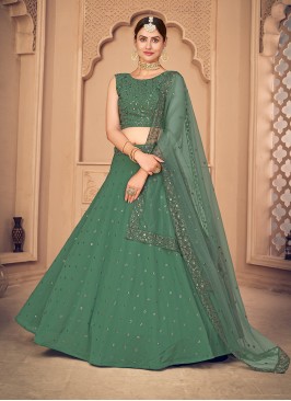 Sea Green Color Georgette Embroidered Lehenga