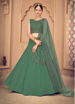 Sea Green Color Georgette Embroidered Lehenga