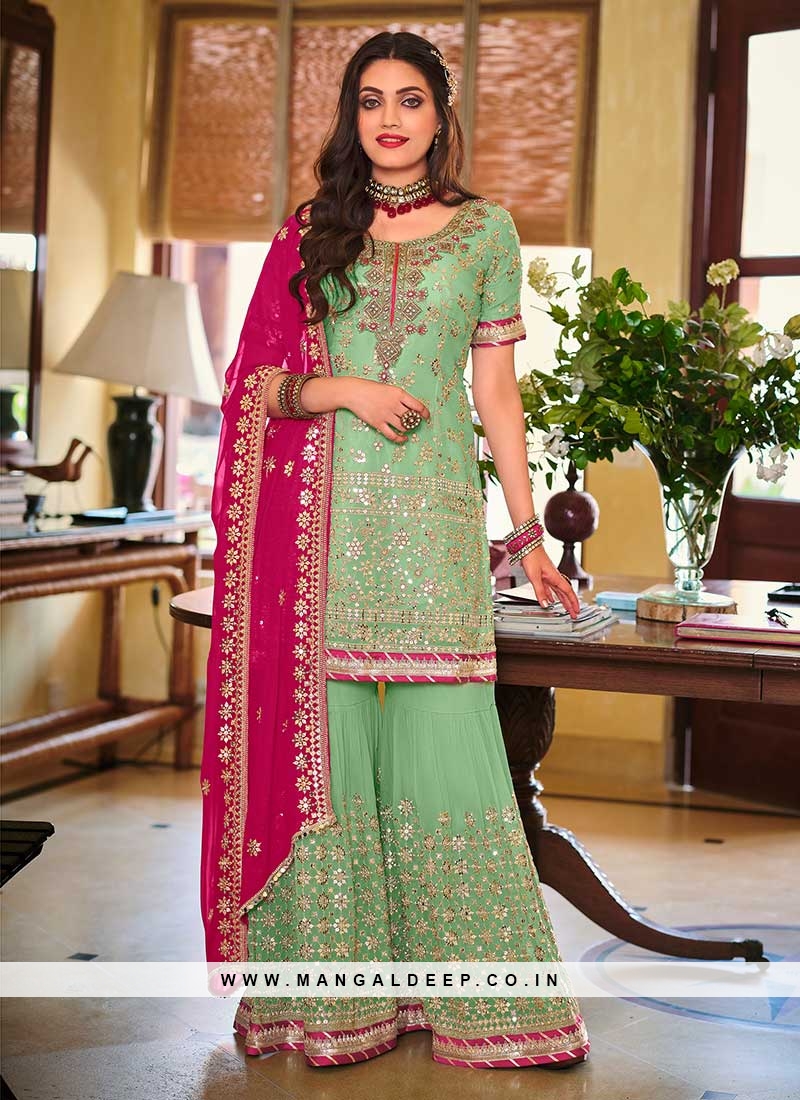 Brown And Green Combination Embroidered Palazzo Suit | Combination dresses,  Contrast dress, Colour combination for dress