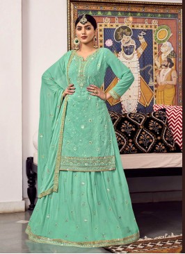 Sea Green Color Georgette Embroidered Suit With Lehenga