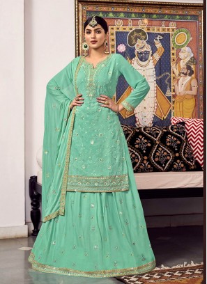 Sea Green Color Georgette Embroidered Suit With Lehenga