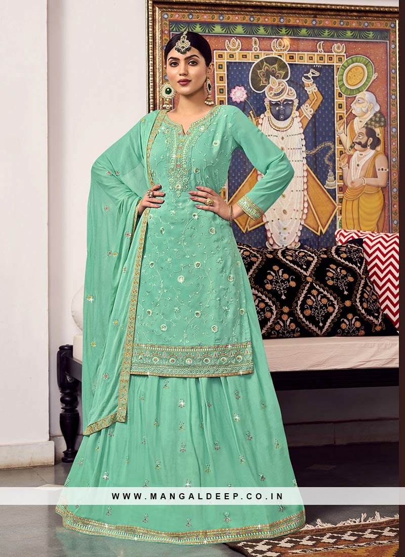 Sea Green Color Georgette Embroidered Suit With Lehenga