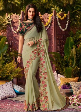 Sea Green Color Georgette Embroidered Wedding Wear Saree