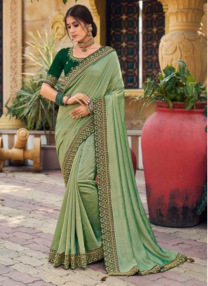 Sea Green Color Georgette Lace Border Saree