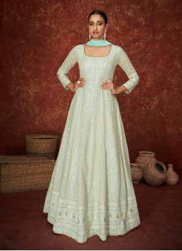 Sea Green Color Georgette Lucknowi Work Anarkali Suit