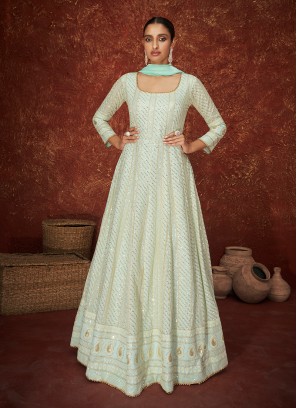 Sea Green Color Georgette Lucknowi Work Anarkali Suit