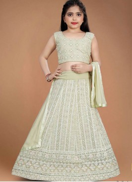 Sea Green Color Georgette Lucknowi Work Kids Lehenga