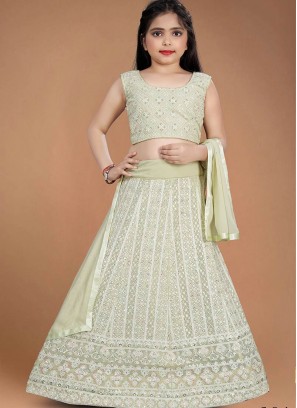 Sea Green Color Georgette Lucknowi Work Kids Lehenga