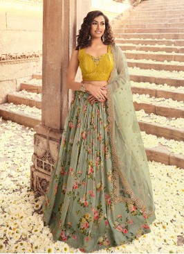 Sea Green Color Georgette Printed Designer Lehenga