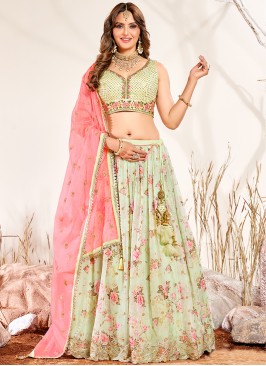 Sea Green Color Georgette Printed Lehenga