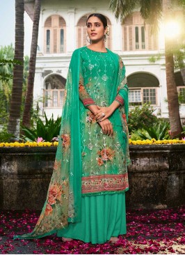 Sea Green Color Georgette Printed Palazzo Suit