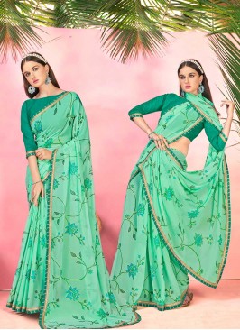 Sea Green Color Georgette Printed Saree