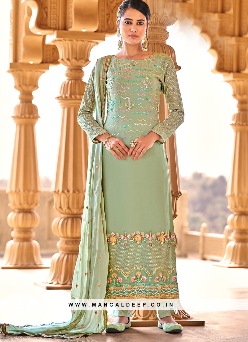 Green Color Wedding Function Wear Georgette Suit