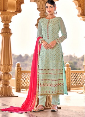 Sea Green Color Georgette Sequins Work Salwar Suit