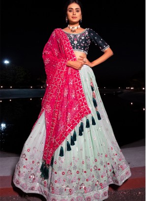 Sea Green Color Georgette Thread Work Lehenga