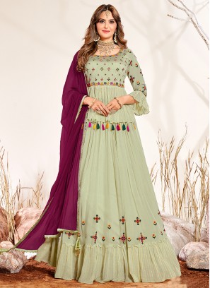 Sea Green Color Georgette Thread Work Peplum Lehenga