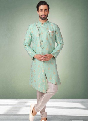 Sea Green Color Jacquard Silk Mens Sherwani