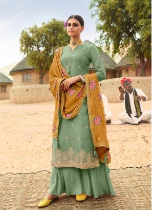 Sea Green Color Jacquard Suit With Heavy Work Dupatta