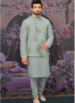 Sea Green Color Kurta With Work Jacket