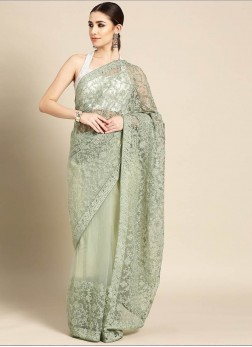 Sea Green Color Net Embroidered Party Wear Saree