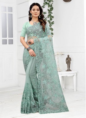 Sea Green Color Net Embroidered Saree