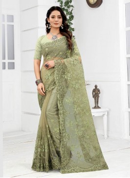 Sea Green Color Net Embroidered Saree