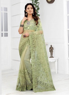 Sea Green Color Net Embroidered Saree