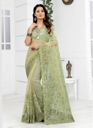 Sea Green Color Net Embroidered Saree