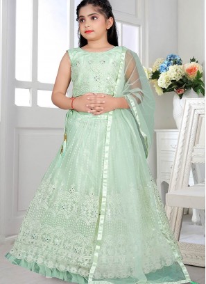 Sea Green Color Net Lucknowi Work Lehenga