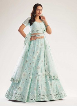 Sea Green Color Net Mirror Work Lehenga