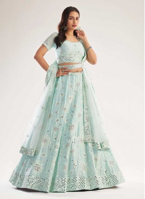 Sea Green Color Net Mirror Work Lehenga