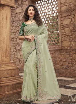 Sea Green Color Organza Embroidered Work Saree