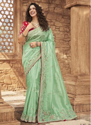 Sea Green Color Organza Moti Work Saree