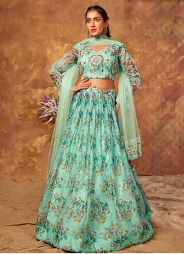 Sea Green Color Organza Printed Lehenga