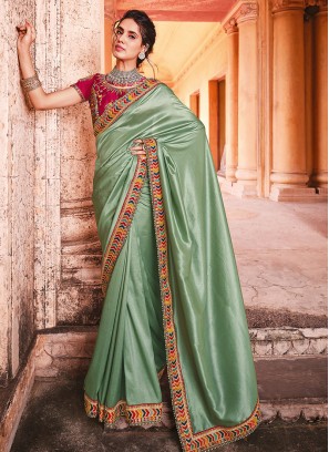 Sea Green Color Organza Silk Lace Border Saree