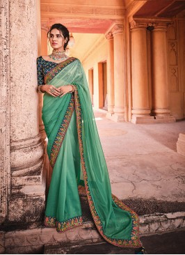 Sea Green Color Organza Silk Lace Border Saree