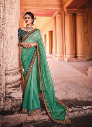 Sea Green Color Organza Silk Lace Border Saree