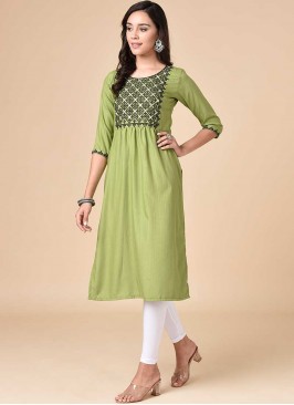 Sea Green Color Rayon Embroidered Work Kurti