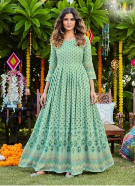 Sea Green Color Rayon Printed Festive Wear Gown
