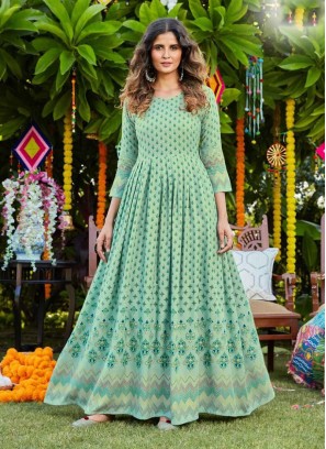 Sea Green Color Rayon Printed Festive Wear Gown