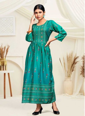 Sea Green Color Rayon Printed Kurti