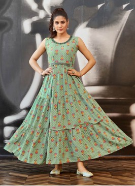 Sea Green Color Rayon Printed Kurti