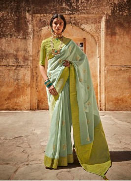 Sea Green Color Silk Saree For Girls