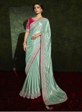 Sea Green Color Silk Wedding Wear Saree
